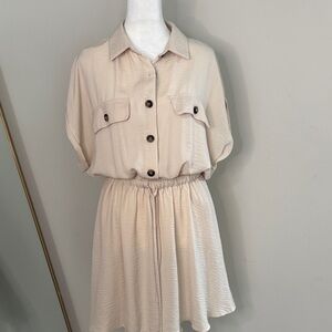 Emma & Michele Beige Button-Front Shirt Mini Dress